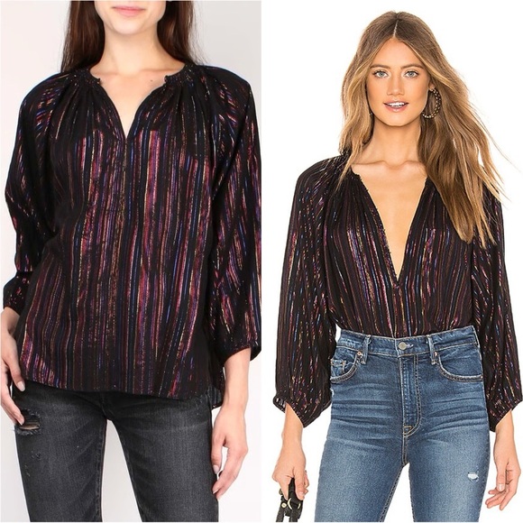 Apiece Apart Top Isla Blouse Multi Stripe Metallic Peasant Sleeves Black 2 - Picture 1 of 12